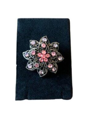 Vintage Pink Rhinestone Filigree Flower Brooch Pin Oxidized Silver 1.5" Coquette